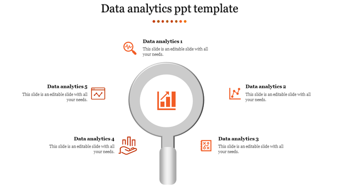 Magnifying glass at the center focusing on an orange chart, with  five data analytics icons around it.