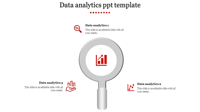 Infographic showing a magnifying glass surrounded by three red data analytics icons and captions areas.