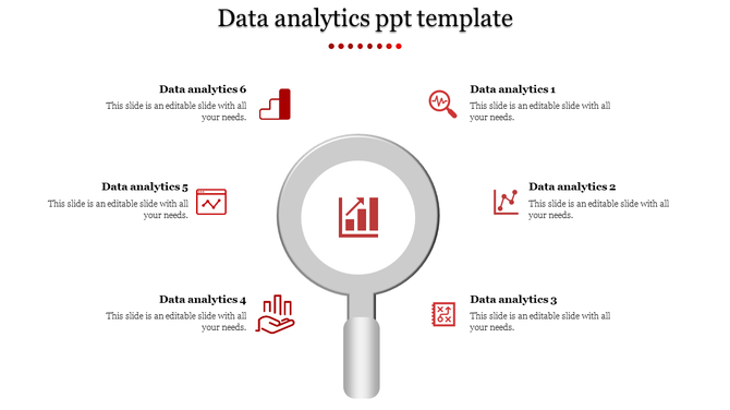 Data analytics PowerPoint template with six sections, each with icons representing data, charts, and analytics.