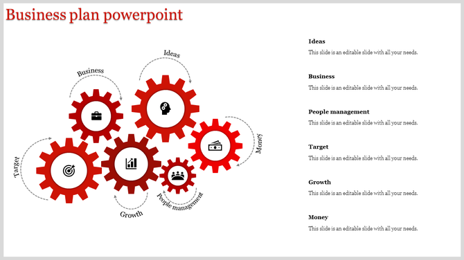Business plan template with red gears connected by dotted arrows, each gear featuring icons for key concepts.