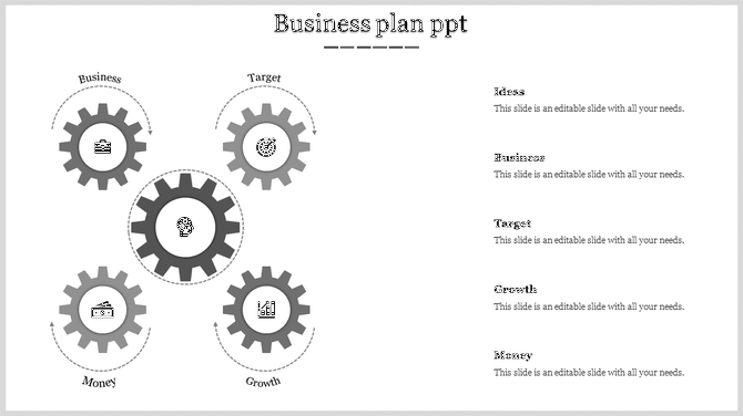A gray themed PowerPoint template with gear icons representing Business, Target, Growth, Money, and Ideas.