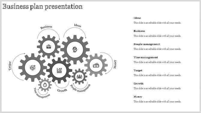 Seven gray interconnected gear icons with business related symbols, paired with labeled captions on the right.