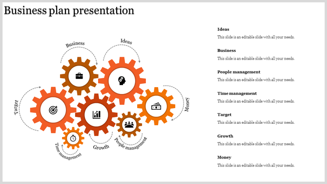 Business plan PowerPoint template with interconnected orange gears representing key business areas with icons.