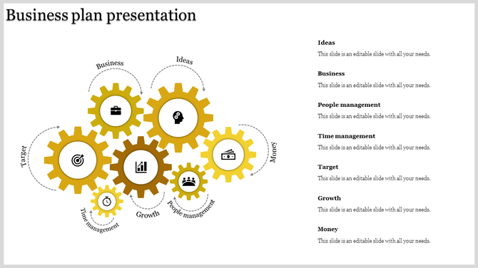 Business plan PowerPoint template with gears representing key business areas like ideas, growth, target, and management.