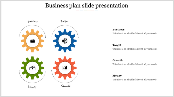 Slide featuring orange, blue, green, and red gear shapes with business related icons and right aligned descriptions.