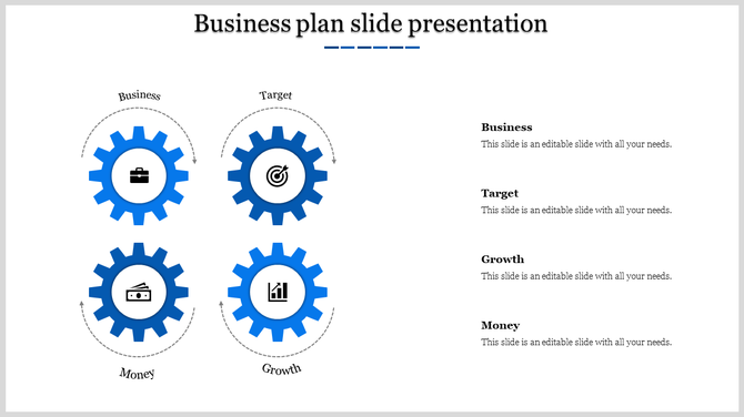 A blue themed business plan PPT slide featuring gear icons for Business, Target, Money, and Growth, with labeled sections.