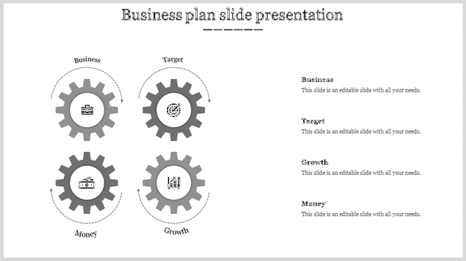 Gray themed layout featuring four gears and icons for business goals, paired with textual explanations on the right.