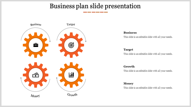 A orange themed business plan PPT slide featuring gear icons for Business, Target, Money, and Growth, with labeled sections.