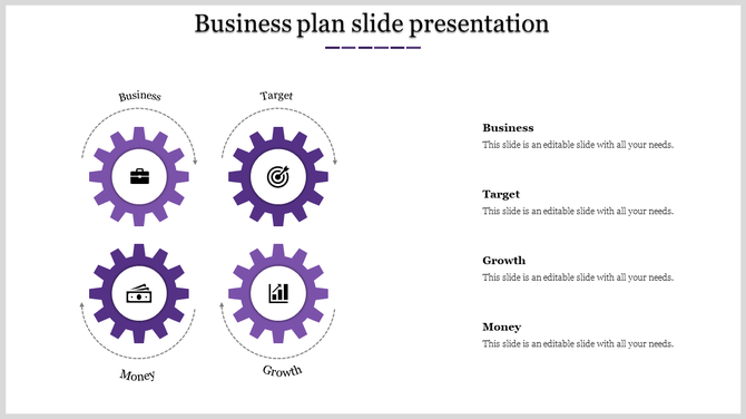 Circular gear shapes in purple, representing business elements with icons, arranged in two rows with text descriptions.