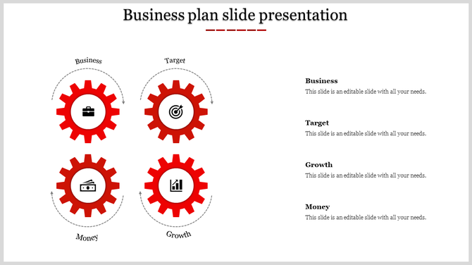 Four red gears with icons for business, target, money, and growth linked by arrows placed in white backdrop.