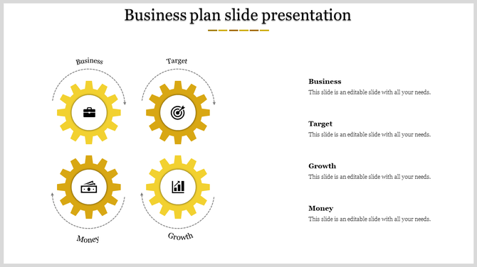 A yellow themed business plan PPT slide featuring gear icons for Business, Target, Money, and Growth, with labeled sections.