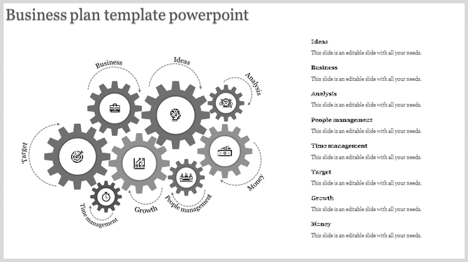 Business plan PPT slide featuring grey interconnected gears with icons from ideas to money with placeholder text.