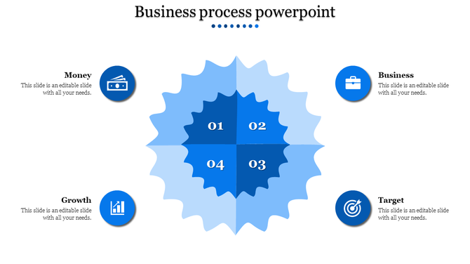 Circular blue infographic divided into four sections for money, business, growth, and target.