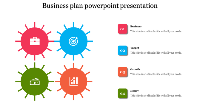 Colorful business plan slide with icons for business, target, growth, and money placed with caption areas for each.