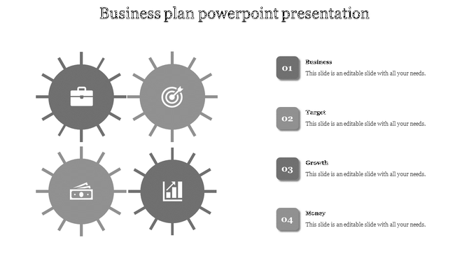 Business plan template with grayscale circular icons for business, target, growth, and money placed with caption areas.