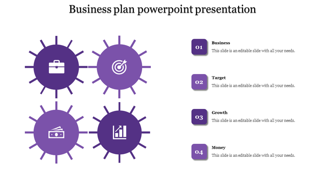 Business plan slide with interconnected purple icons for business, target, growth, and money placed with caption areas.