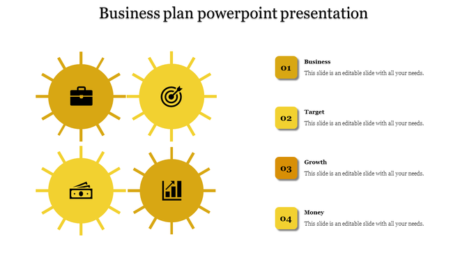 Orange themed business plan layout with icons in circular frames and numbered captions for clear concept representation.