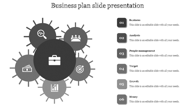 Gray themed diagram showing business at the center with nodes for analysis and growth each with caption areas.