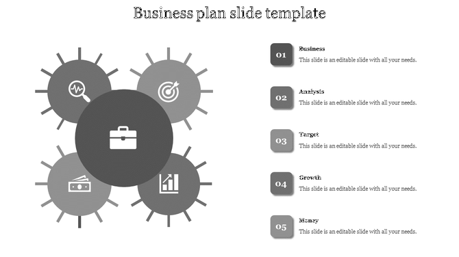 A slide featuring a central gray circle for Business surrounded by four other sections with icons and placeholder text.