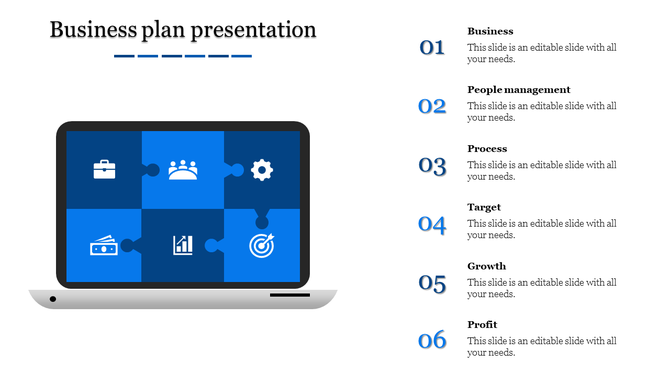 Business plan slide with a laptop showing blue puzzle pieces and six numbered steps with descriptions on the right.