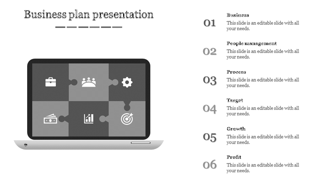 Business plan layout with gray puzzle icons on laptop and six strategic labels for growth and profit.