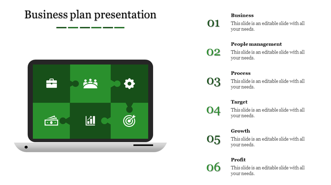 A business plan slide featuring a laptop with green puzzle pieces and icons from business to profit with placeholder text.