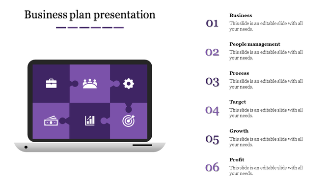 Business slide in purple with laptop displaying puzzle icons and numbered business elements on the right.