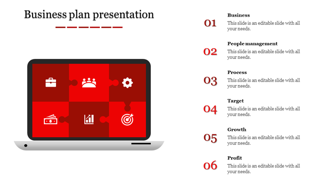 A business plan PPT slide featuring a laptop with red puzzle pieces and icons from business to profit with placeholder text.