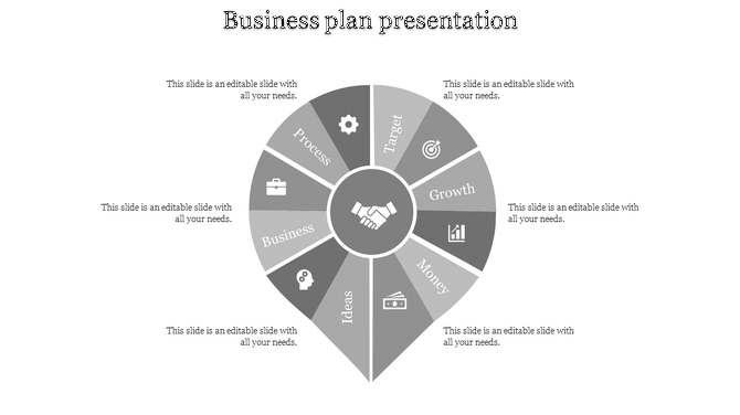 Gray pie chart style infographic showing business plan elements around a central handshake symbol.