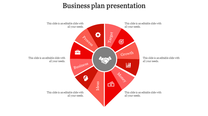 Business plan slide featuring a red wheel divided into sections, each representing a business concept with icons.