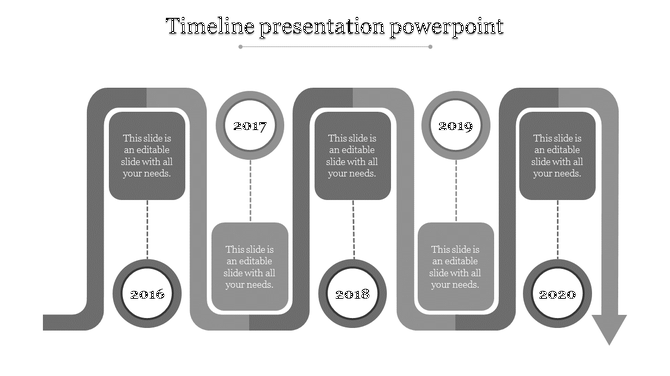 A grey timeline PPT template featuring the years 2016 to 2020 with captions and arrows indicating progression.