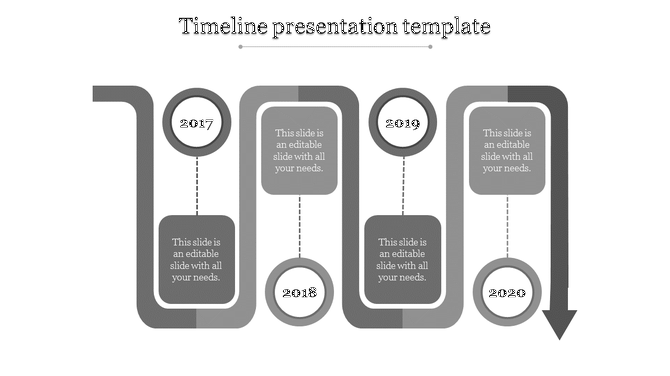 A timeline PowerPoint template featuring years 2017 to 2020 with text sections and grey themed icons for each year.
