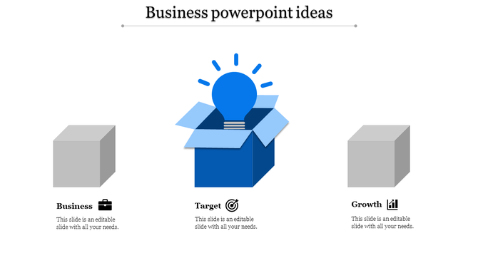 Business idea template with blue light bulb emerging from a box between gray cubes for business and growth.