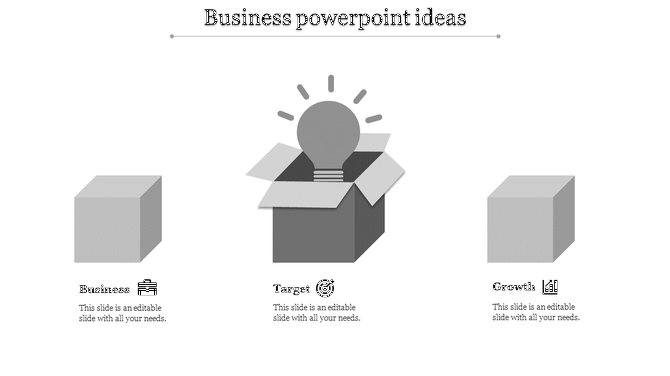 A PPT slide showcasing business ideas, with icons alongside placeholders and a light bulb emerging from a grey box.