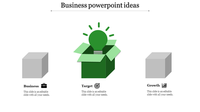 Business slide with a green light bulb emerging from a box in the center, flanked by gray cubes representing ideas.