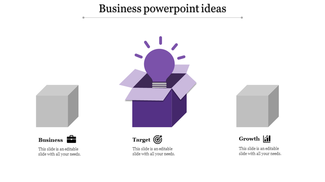 A PPT slide showcasing business ideas, with icons alongside placeholders and a light bulb emerging from a purple box.