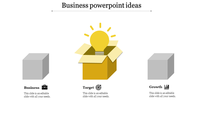 Business idea template with yellow light bulb emerging from a box between gray cubes for business and growth.