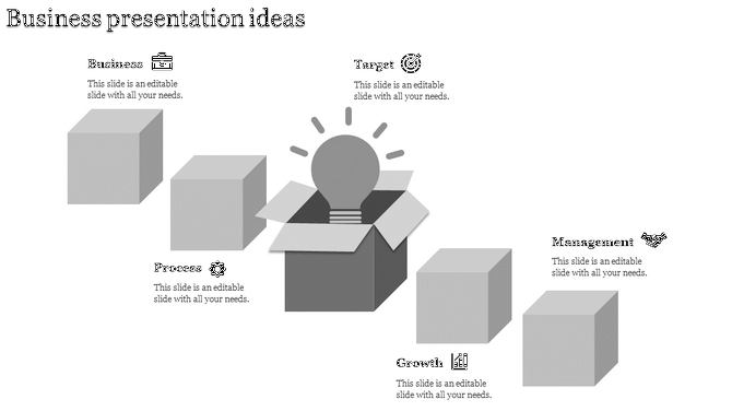 Creative business slide with gray light bulb in a box and labeled gray cubes for key business topics.