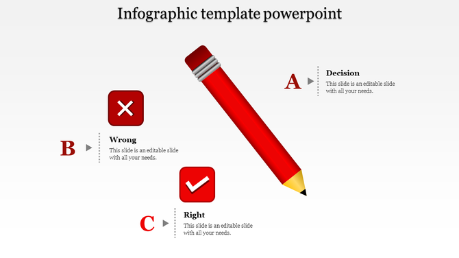 Infographic layout with red pencil and decision options using check and cross icons each with placeholder text areas.