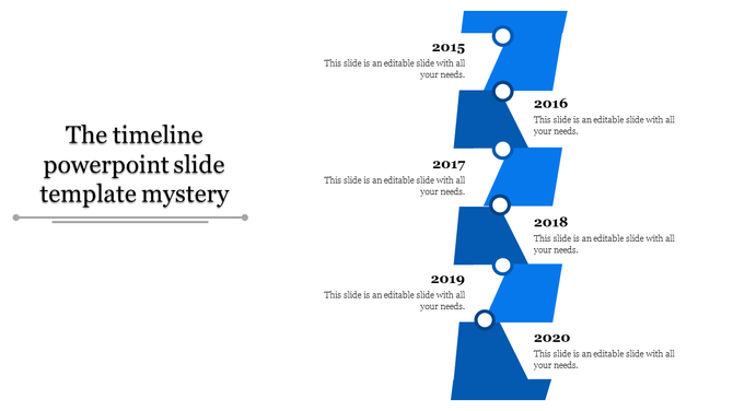 Blue vertical timeline with staggered blocks, circular markers, and labeled years from 2015 to 2020 on a white background.