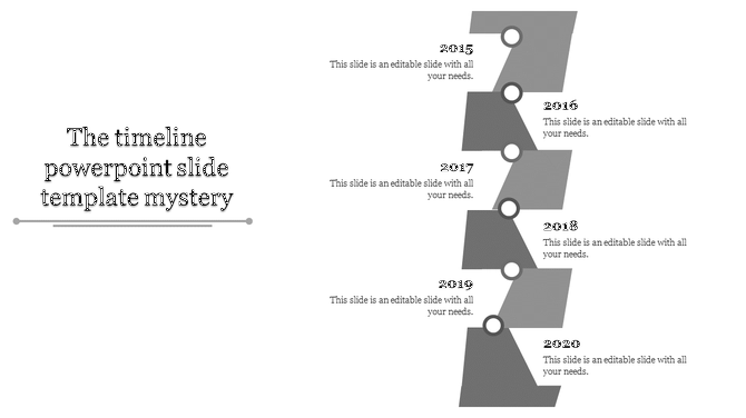 Gray staggered timeline with circular markers showing events from 2015 to 2020 placed with placeholder text areas.