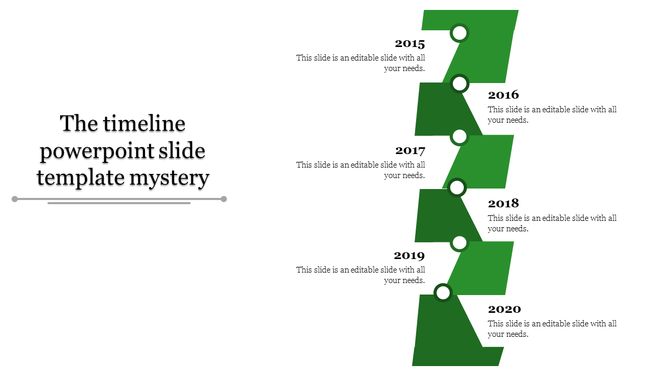 Timeline PowerPoint slide with green sections for each year from 2015 to 2020, with a mystery theme and placeholder text.
