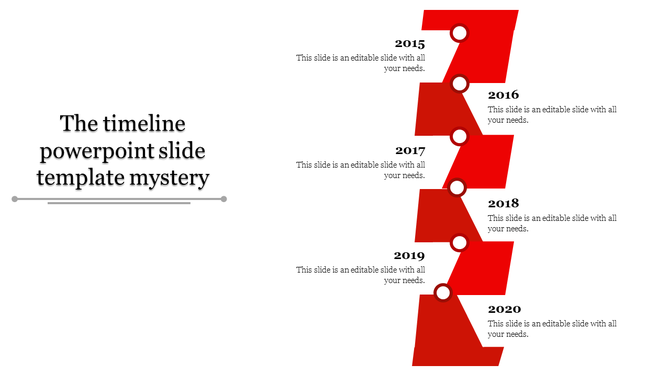Timeline PowerPoint slide with red sections for each year from 2015 to 2020, with a mystery theme and placeholder text.