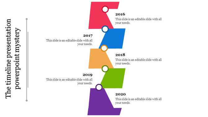 Vertical timeline with colorful step blocks in red, blue, orange, green, and purple, displaying years 2016 to 2020.