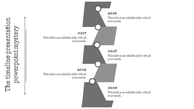 Gray vertical timeline with staggered blocks, feauring circular markers and labeled years 2016 to 2020 on a white background.