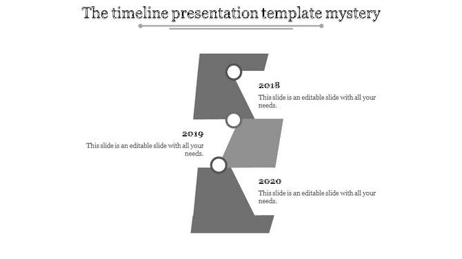 Timeline featuring staggered gray blocks with circular connectors, and years 2018 to 2020 aligned vertically with text.