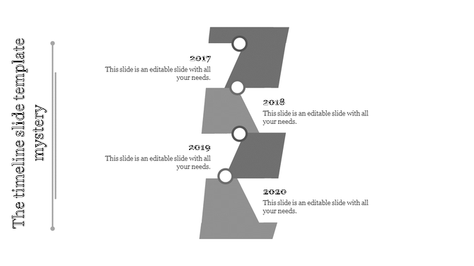 Timeline PPT slide with grey segments, each representing a different year from 2017 to 2020 with placeholder text.