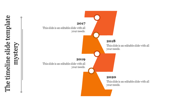 Orange gradient timeline with linked blocks for 2017 to 2020 milestones placed in white background.