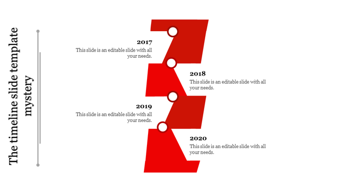 Staggered red timeline with years marked in circles from 2017 to 2020, paired with captions.