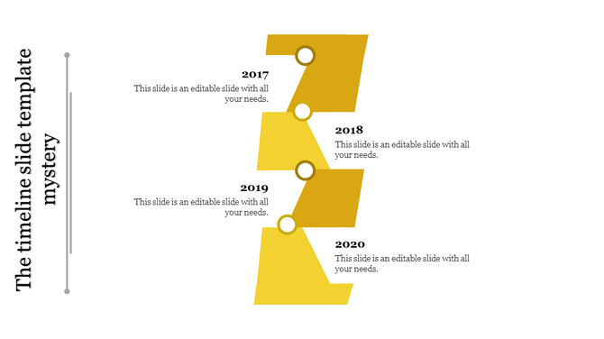 Vertical timeline with yellow zigzag segments marking years 2017 to 2020 placed in white background.